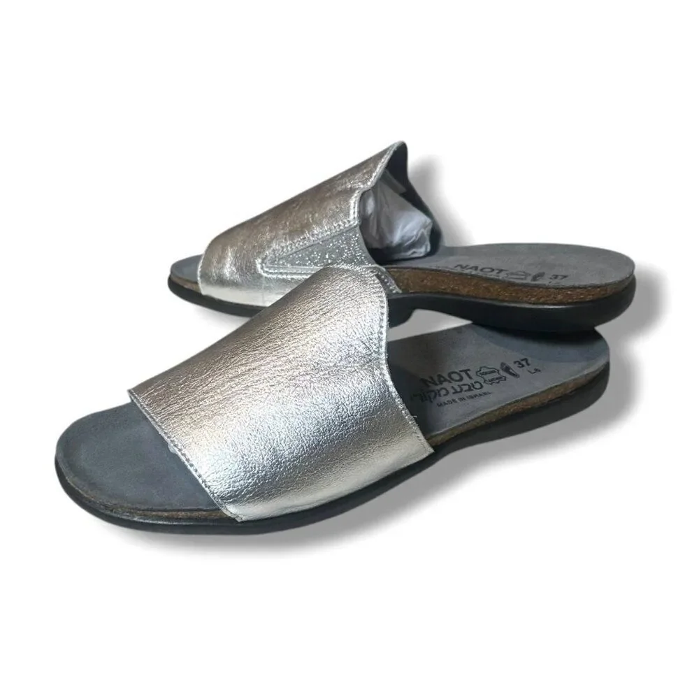 NAOT Skyler Leather Supportive Slide Sandal Silver Slip On Women’s EU 37 (US 6)